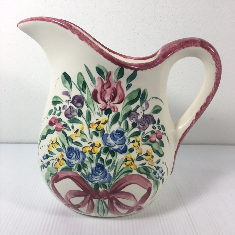 Hand Painted Pitcher Moss Miciotto Ceramic Rose Floral Shabby Cottage Core Decor